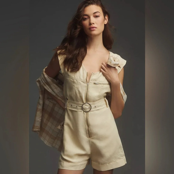 NWT Pilcro women’s Belted V-Neck Romper cream color size large summer linen - Picture 4 of 8